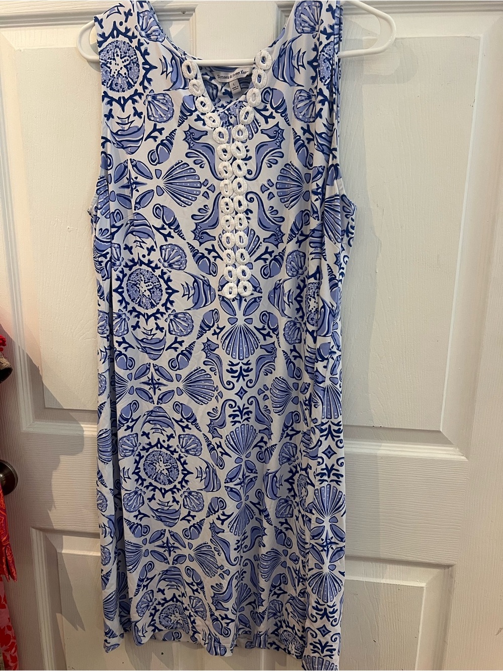 Sleeveless Blue & White Printed Nightdress with Lace Trim